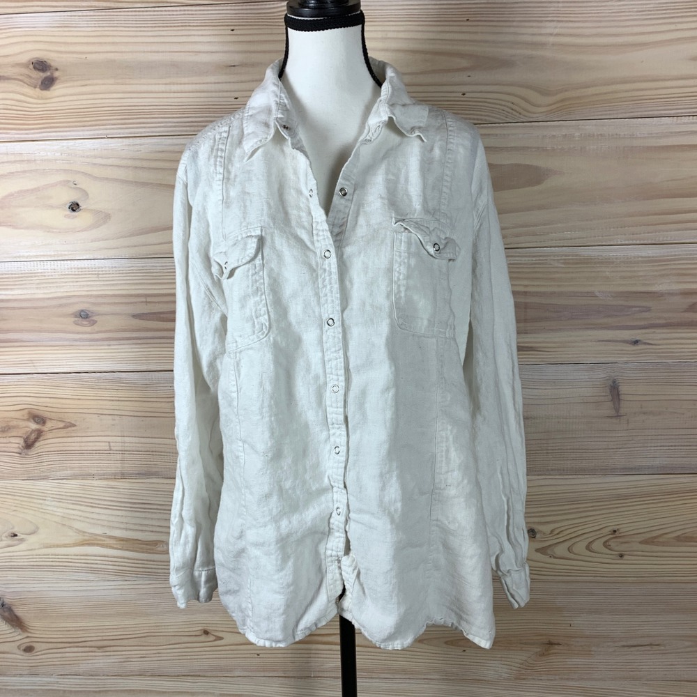 Chico's Linen Shirt Womens 3 White Snap Front Long Sleeve Pocket High Low Top